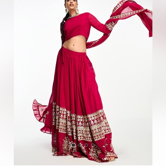 Nesavaali lehenga embroidered full maxi skirt and shirt set in berry